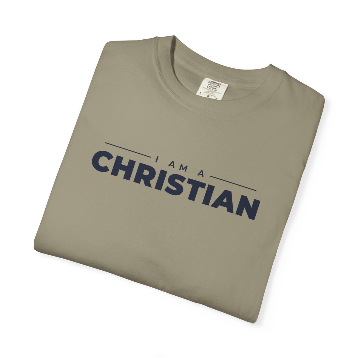 I Am a Christian Christian tee in sandstone, folded mockup