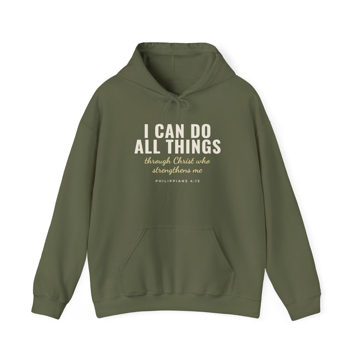 I Can Do All Things Philippians 4:13 Christian hoodie in military green, front mockup