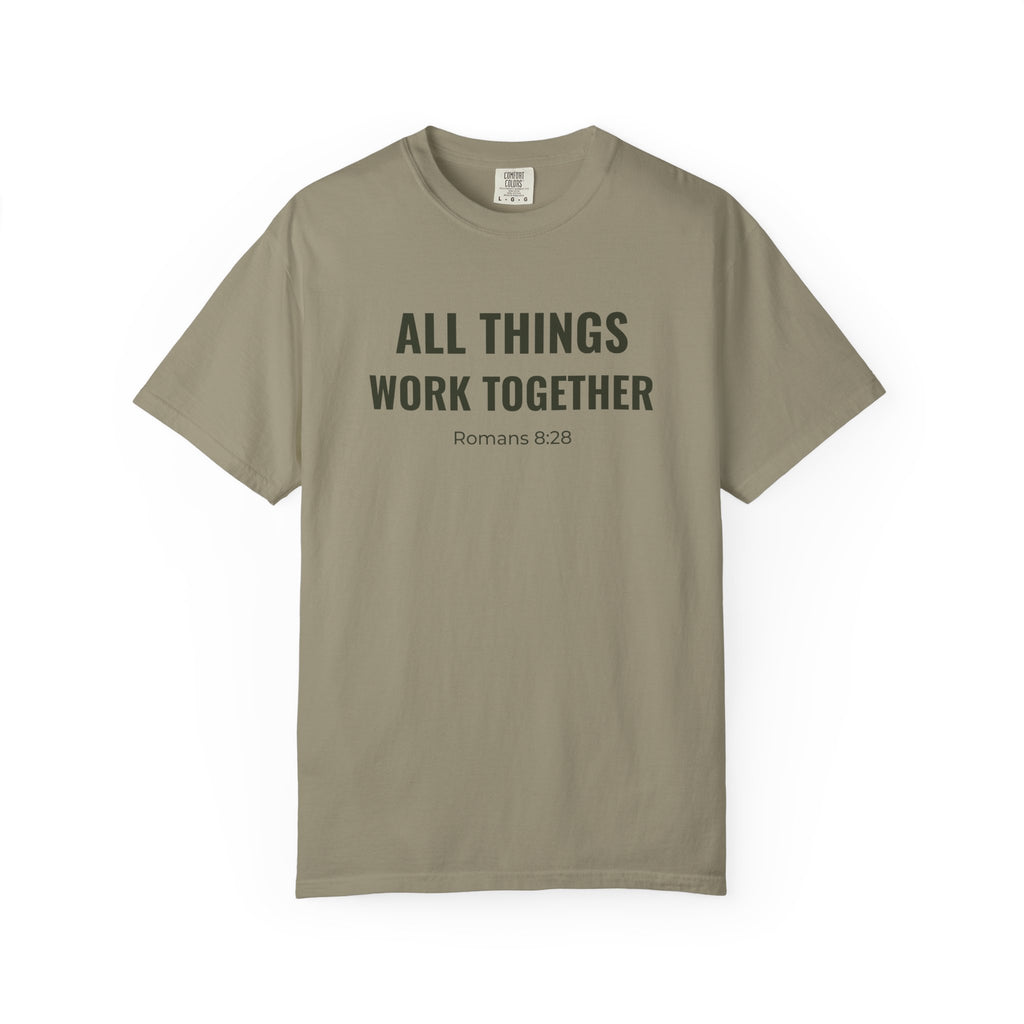 All Things Work Together Romans 8:28 tee in sandstone, front mockup