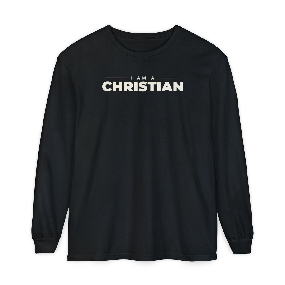I Am a Christian Christian long sleeve tee in black, front mockup
