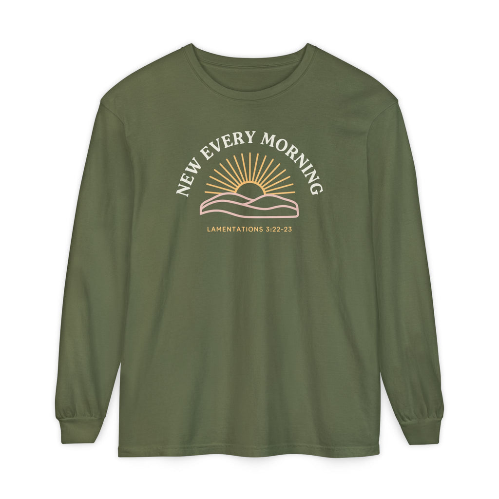 New Every Morning Lamentations 3:22-23 long sleeve tee in hemp, front mockup