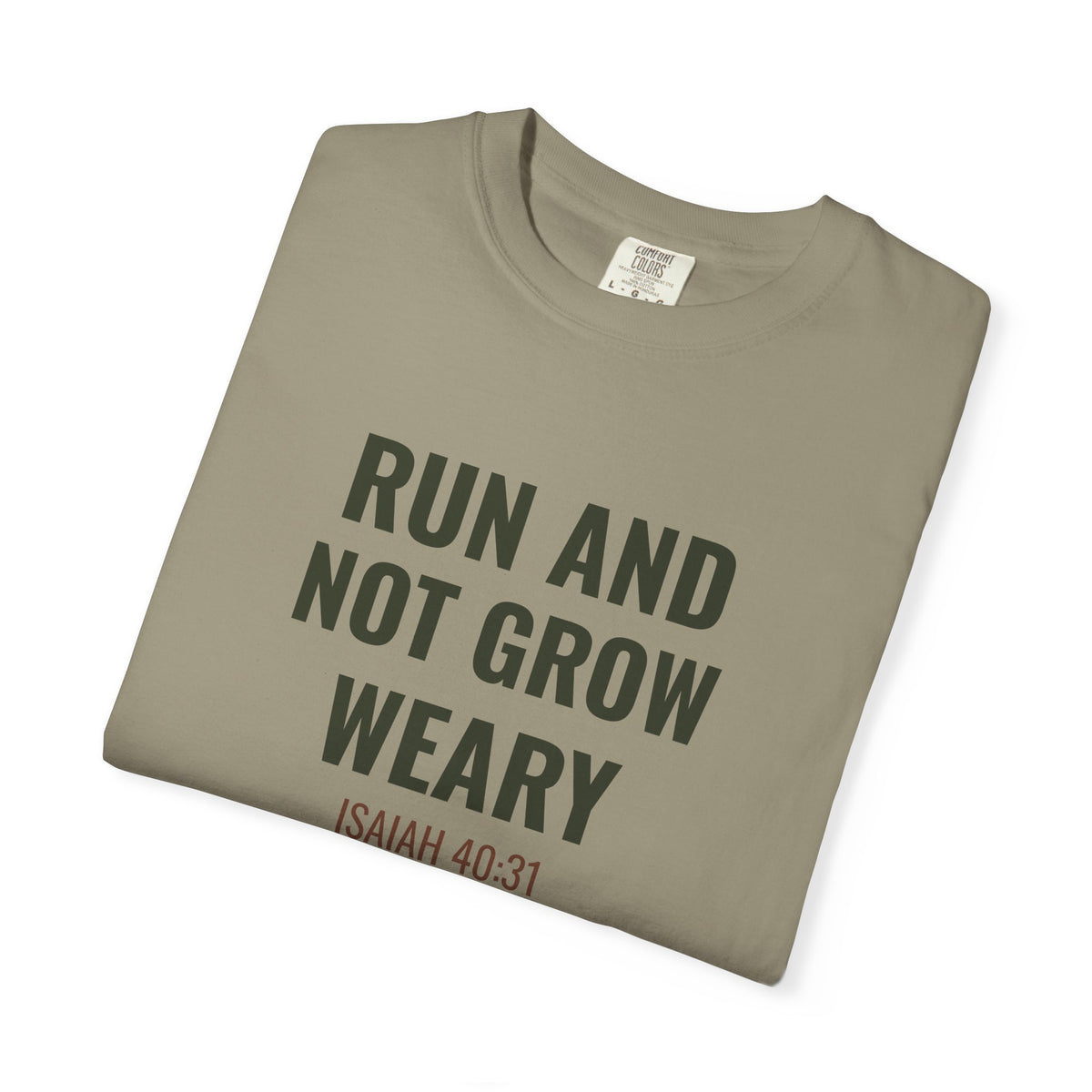 Run and Not Grow Weary Isaiah 40:31 tee in sandstone, folded mockup