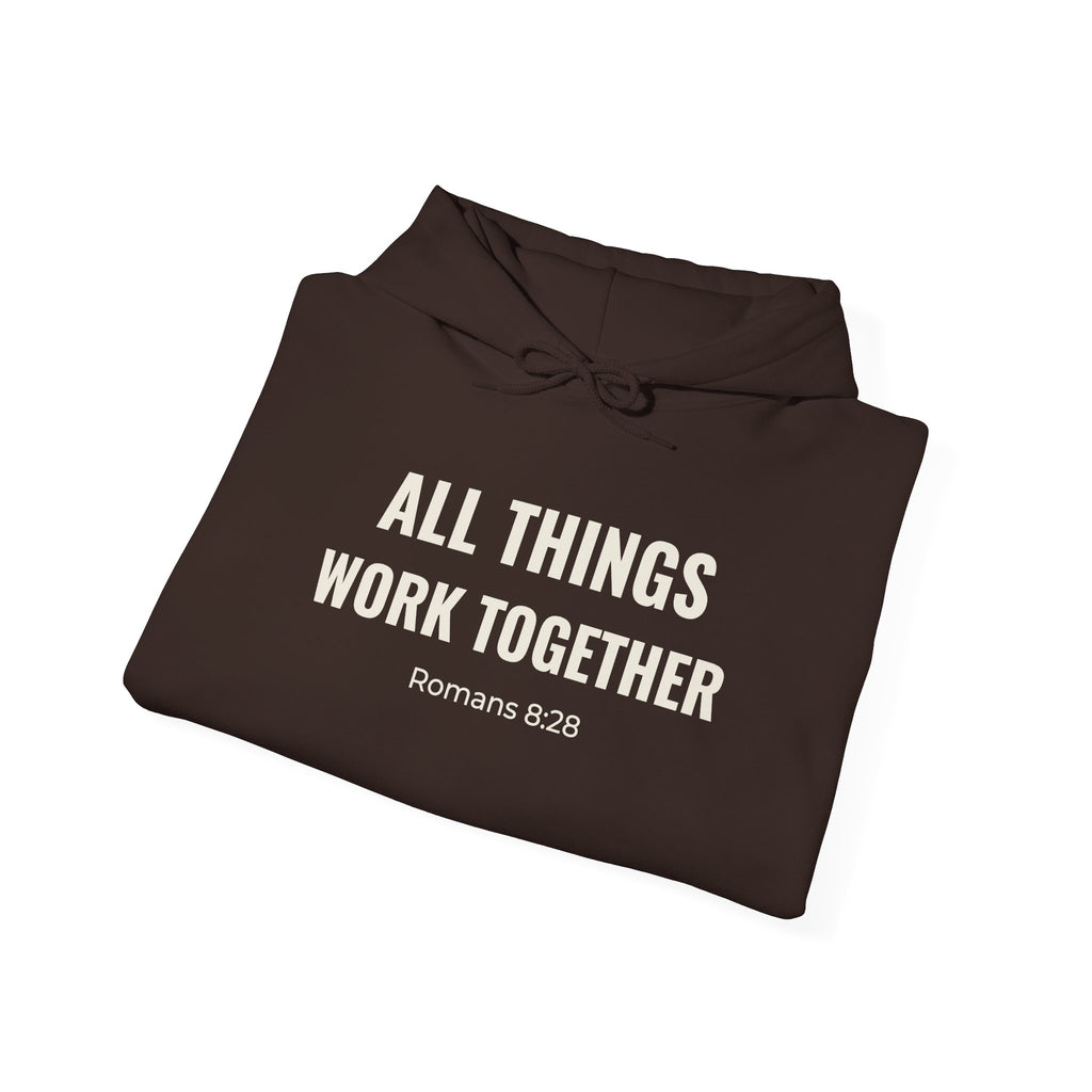 All Things Work Together Romans 8:28 hoodie in dark chocolate, folded mockup