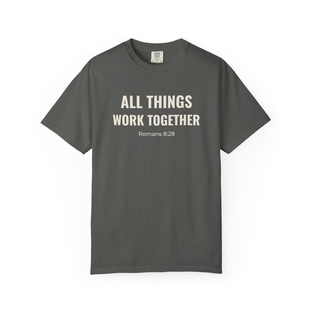 All Things Work Together Romans 8:28 tee in pepper, front mockup