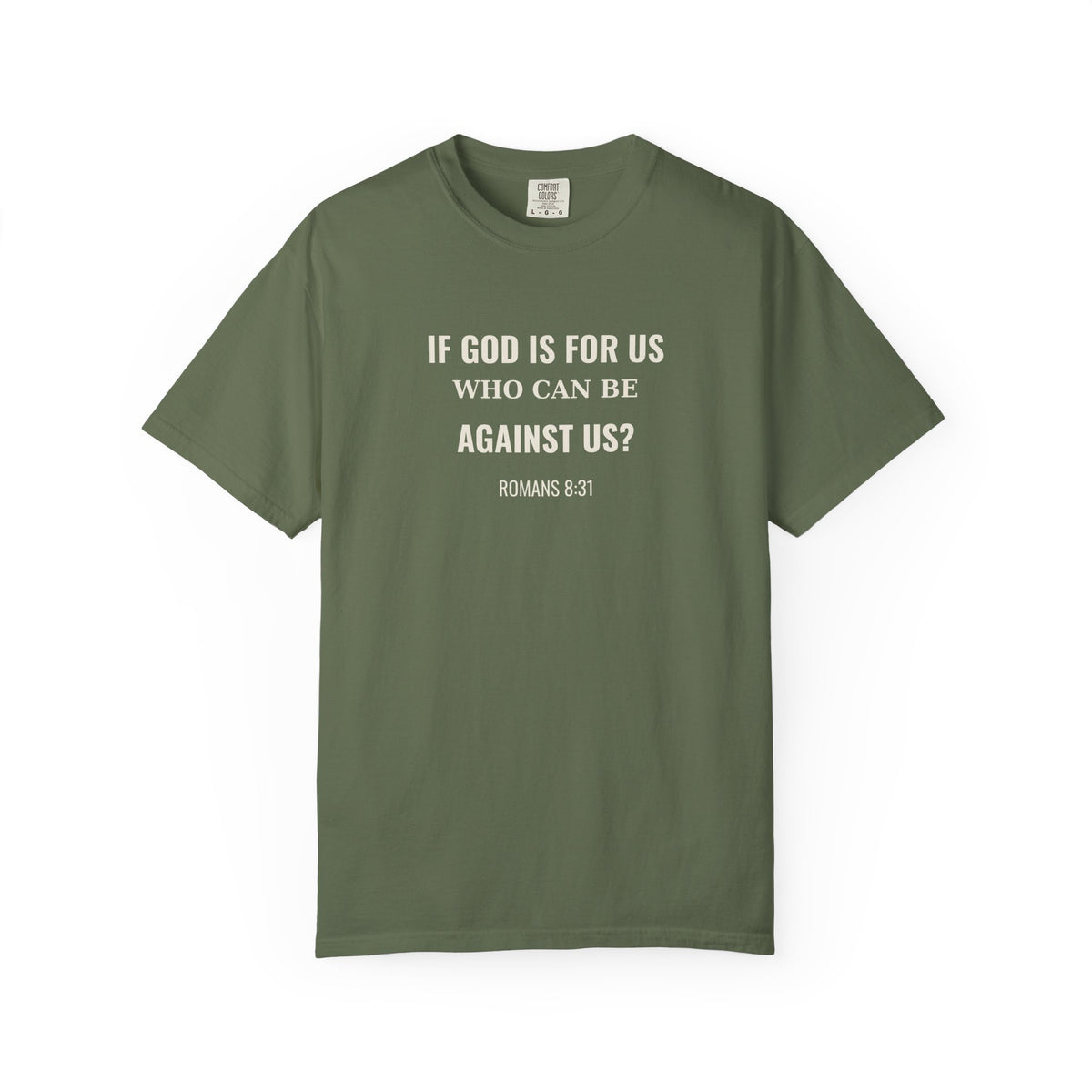 If God Is For Us Romans 8:31 tee in sage, front mockup