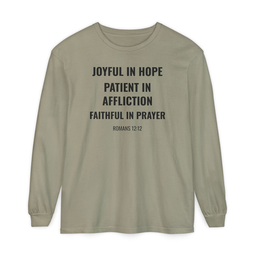 Joyful in Hope Romans 12:12 long sleeve tee in sandstone, front mockup