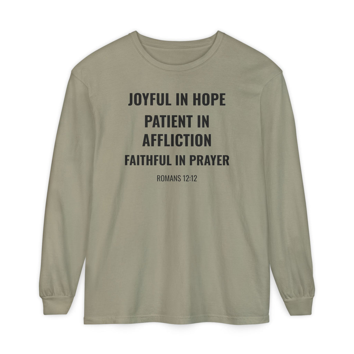 Joyful in Hope Romans 12:12 long sleeve tee in sandstone, front mockup