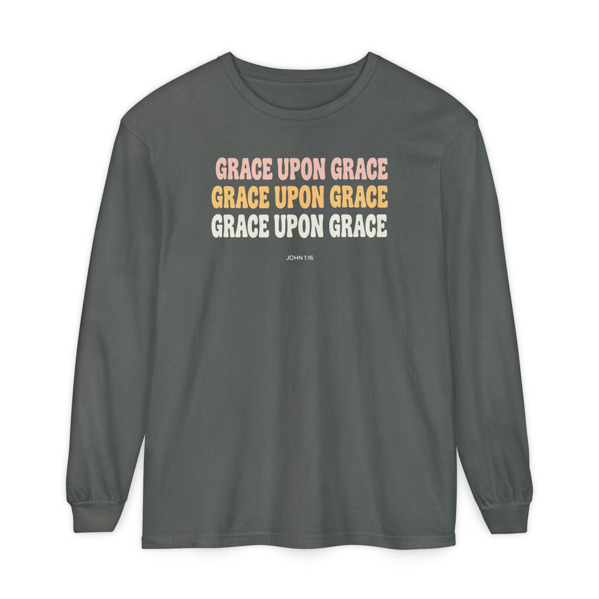 Grace Upon Grace John 1:16 long sleeve tee in pepper, front mockup