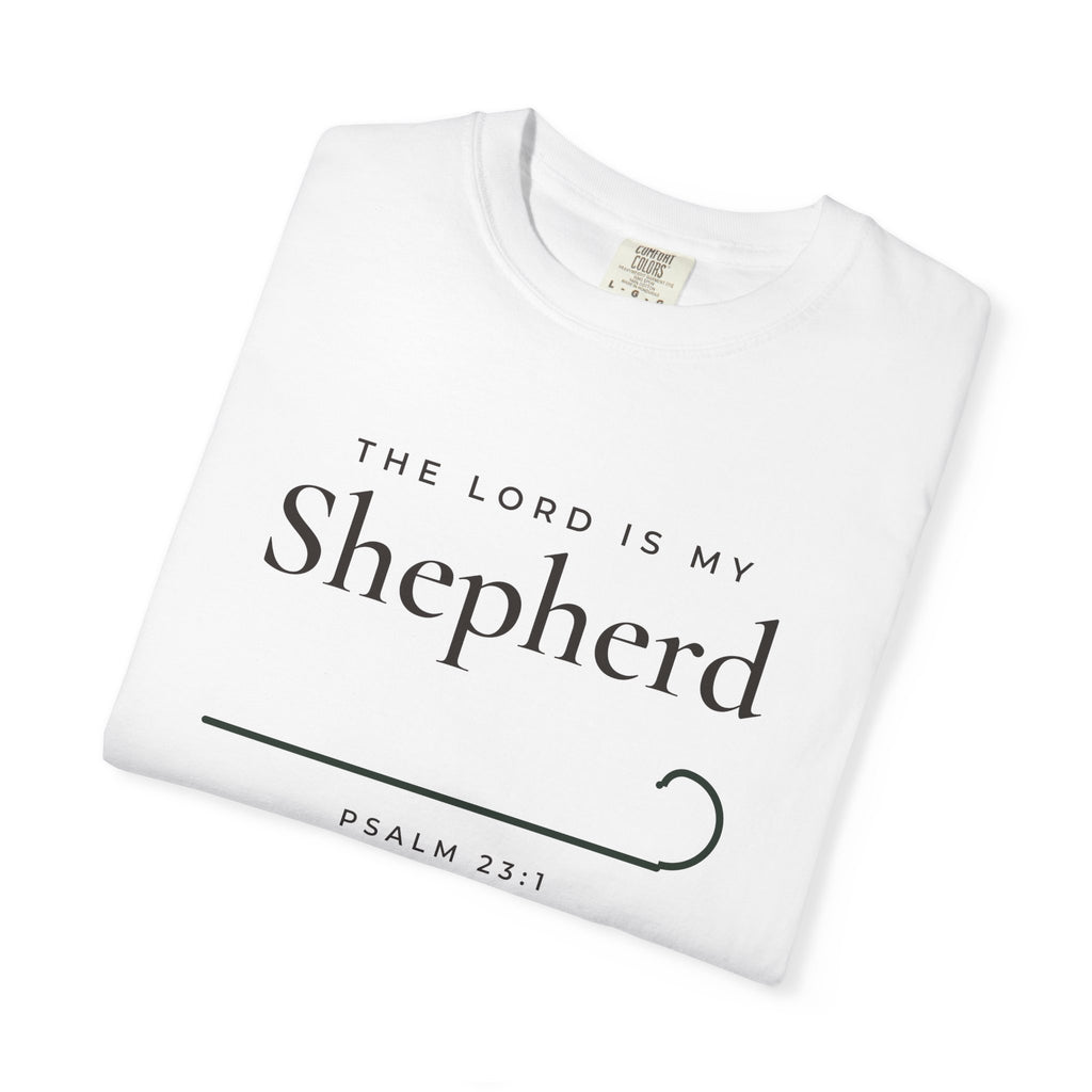The Lord Is My Shepherd Psalm 23:1 Christian tee in white, folded mockup