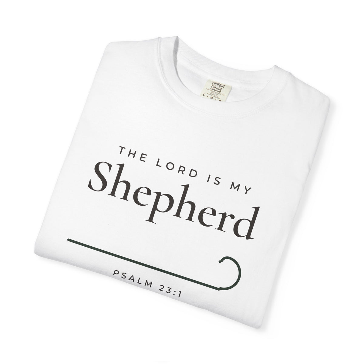 The Lord Is My Shepherd Psalm 23:1 Christian tee in white, folded mockup