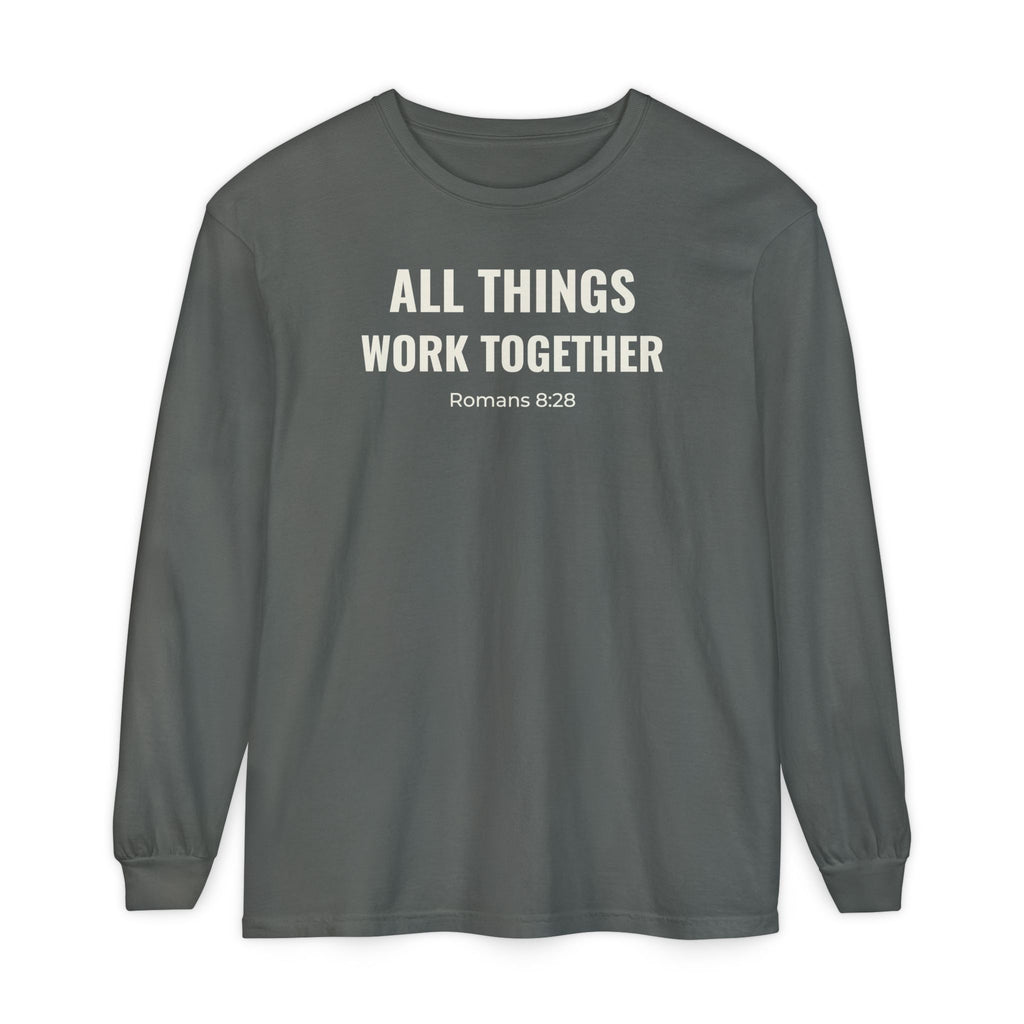 All Things Work Together Romans 8:28 long sleeve tee in pepper, front mockup