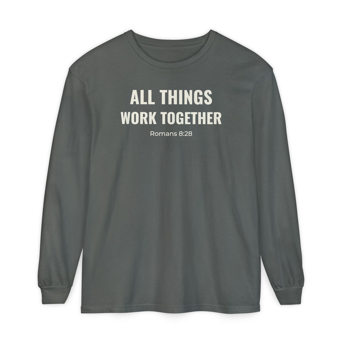 All Things Work Together Romans 8:28 long sleeve tee in pepper, front mockup