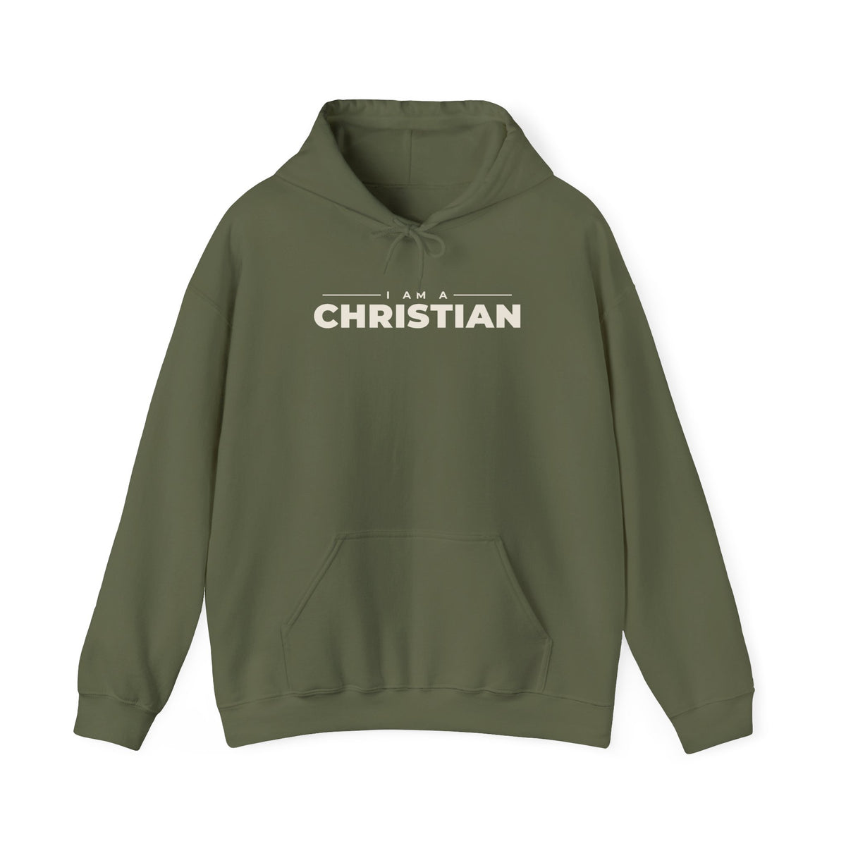 I Am a Christian Christian hoodie in military green, front mockup
