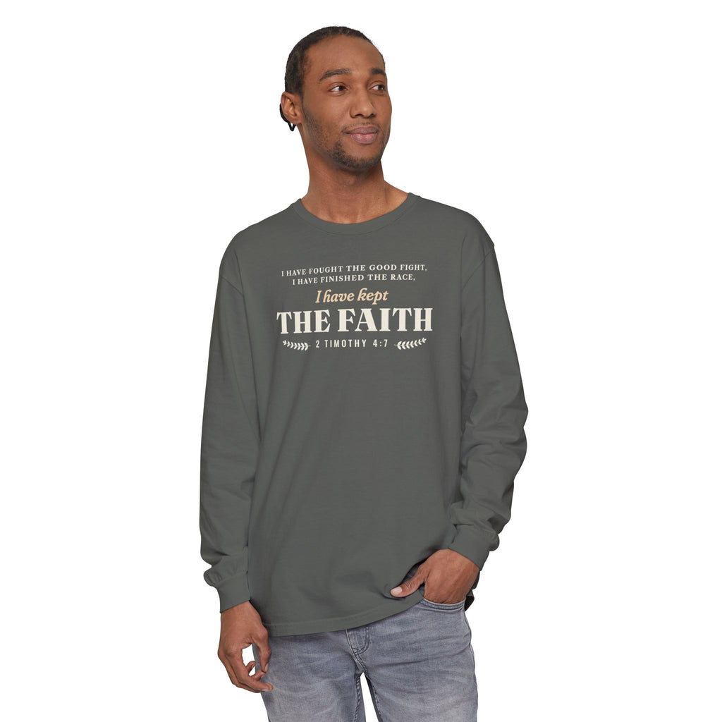 Kept the Faith 2 Timothy 4:7 long sleeve tee in Pepper, front, model