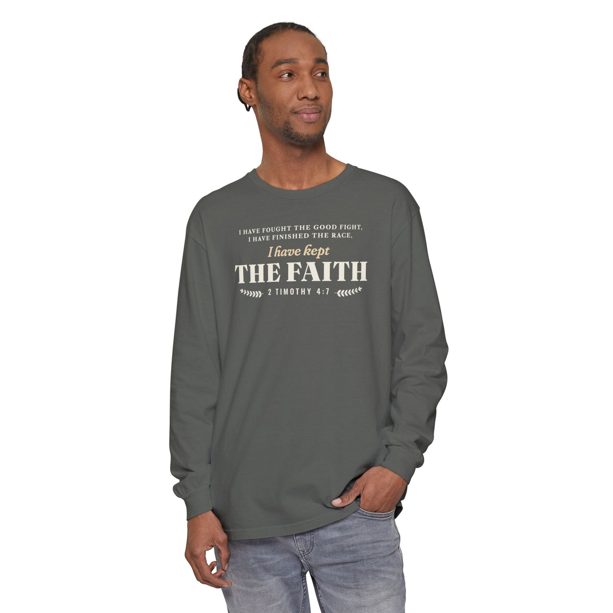 Kept the Faith 2 Timothy 4:7 long sleeve tee in Pepper, front, model