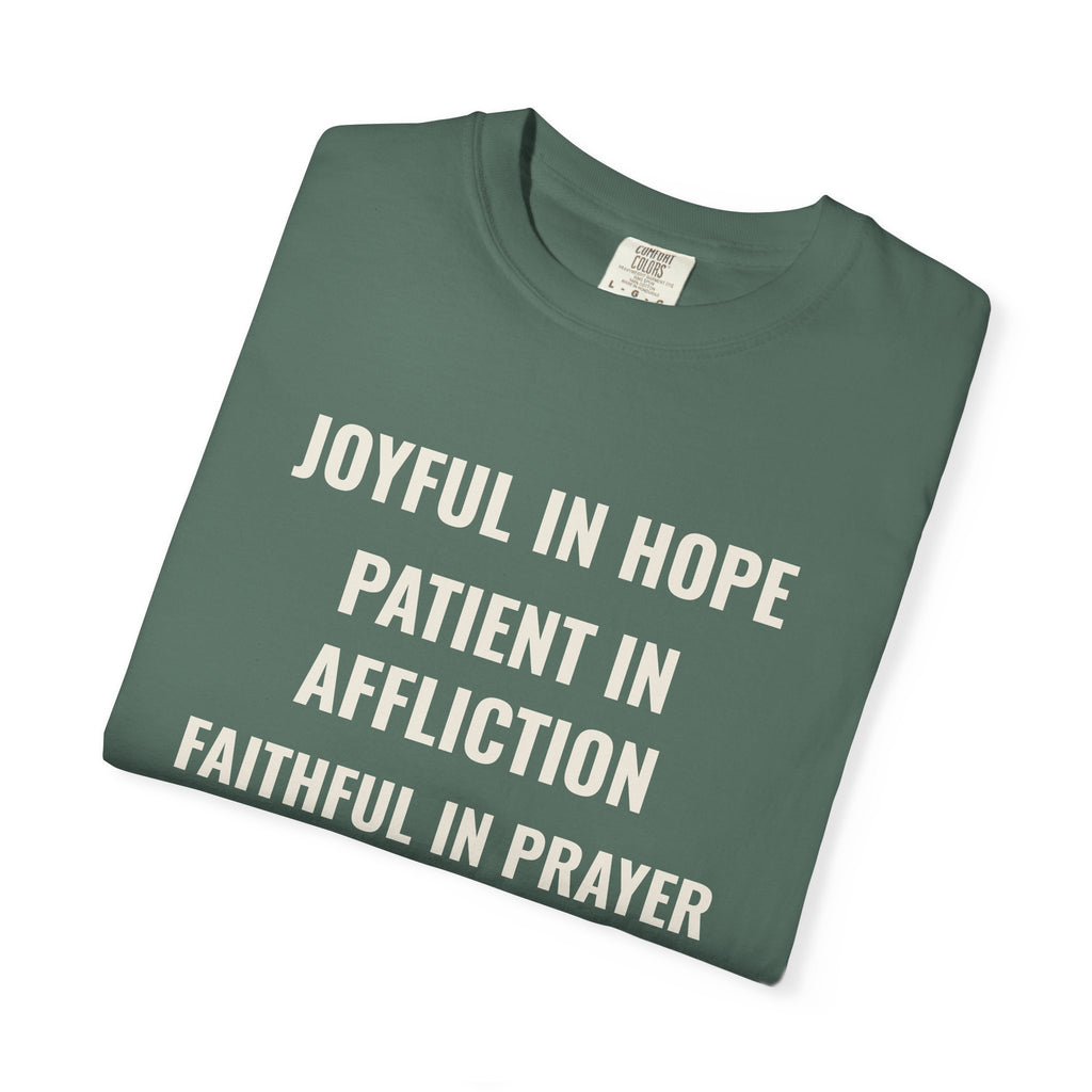 Joyful in Hope Romans 12:12 tee in blue spruce, folded mockup