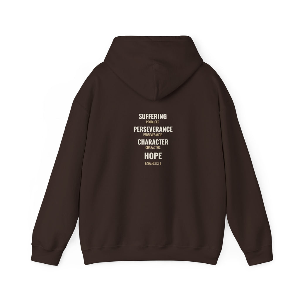 Suffering Produces Hope Romans 5:3-4 hoodie in dark chocolate, back (Romans 5:3-4 back print) mockup