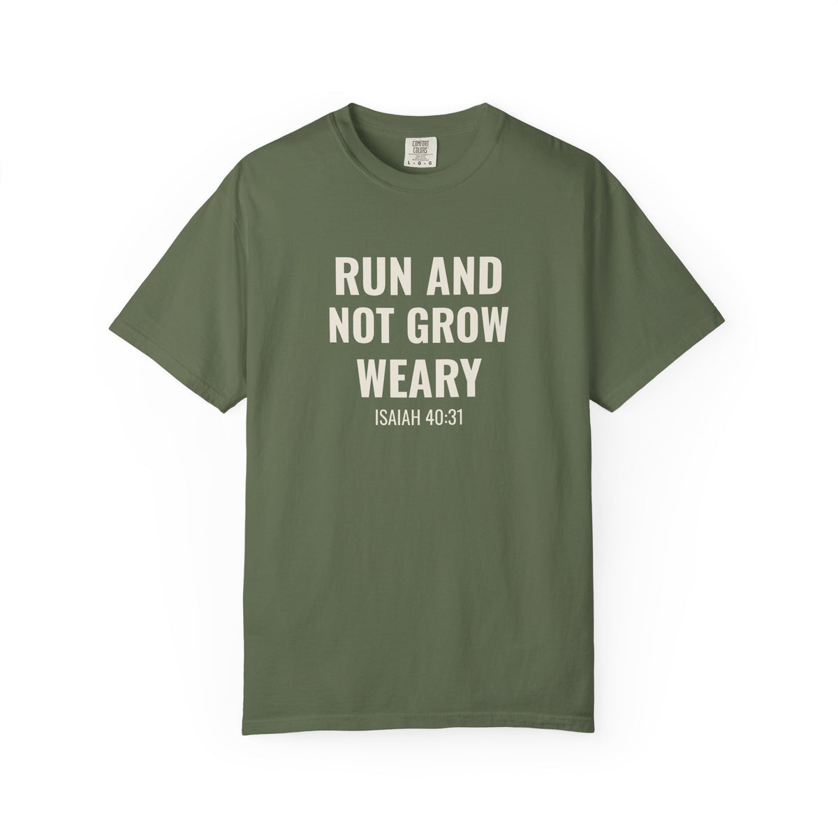 Run and Not Grow Weary Isaiah 40:31 tee in sage, front mockup