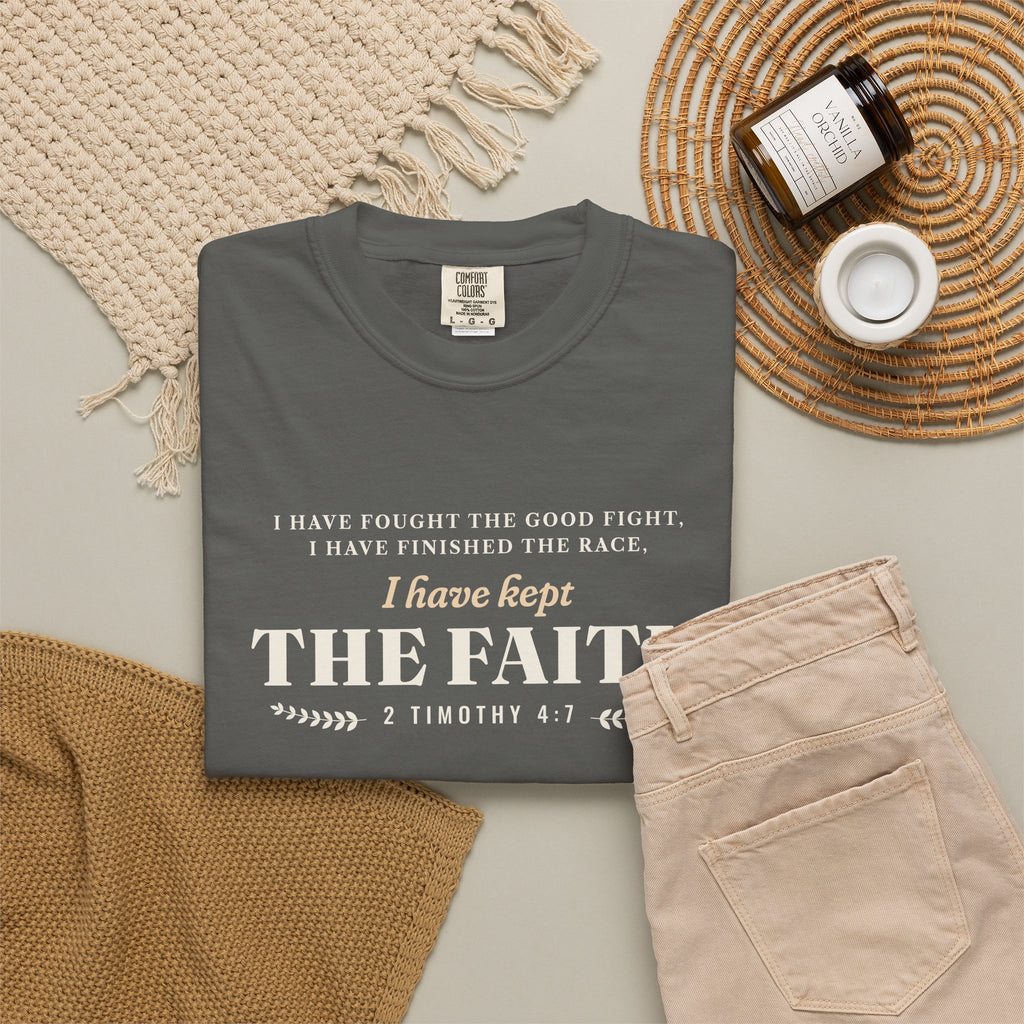 Kept the Faith 2 Timothy 4:7 tee in Pepper, front, flat lay styled