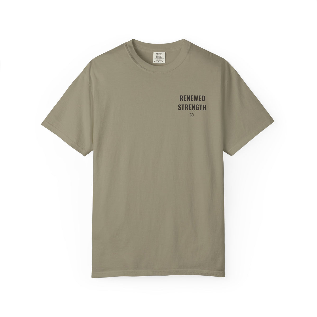 Suffering Produces Hope Romans 5:3-4 tee in sandstone, front (left-chest logo) mockup