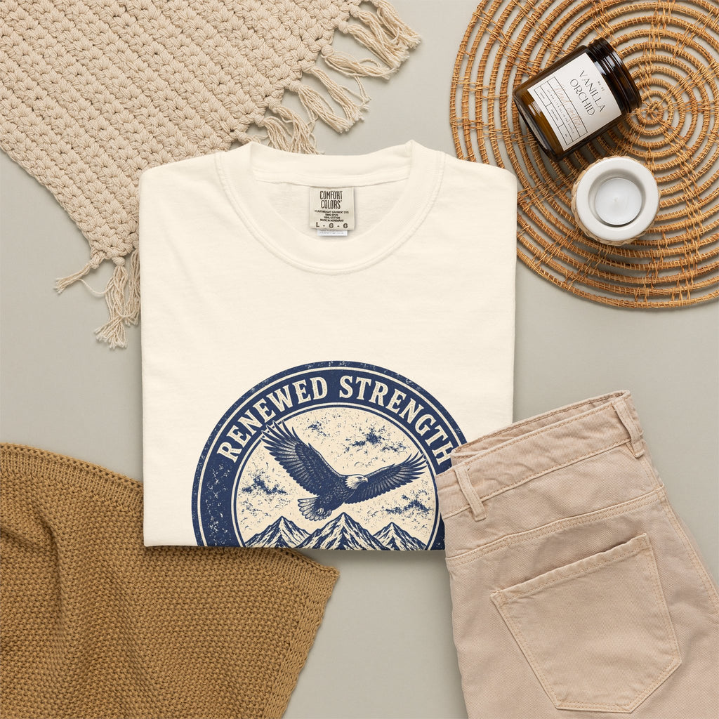 Renew Your Strength Isaiah 40:31 tee in ivory, folded flat lay mockup