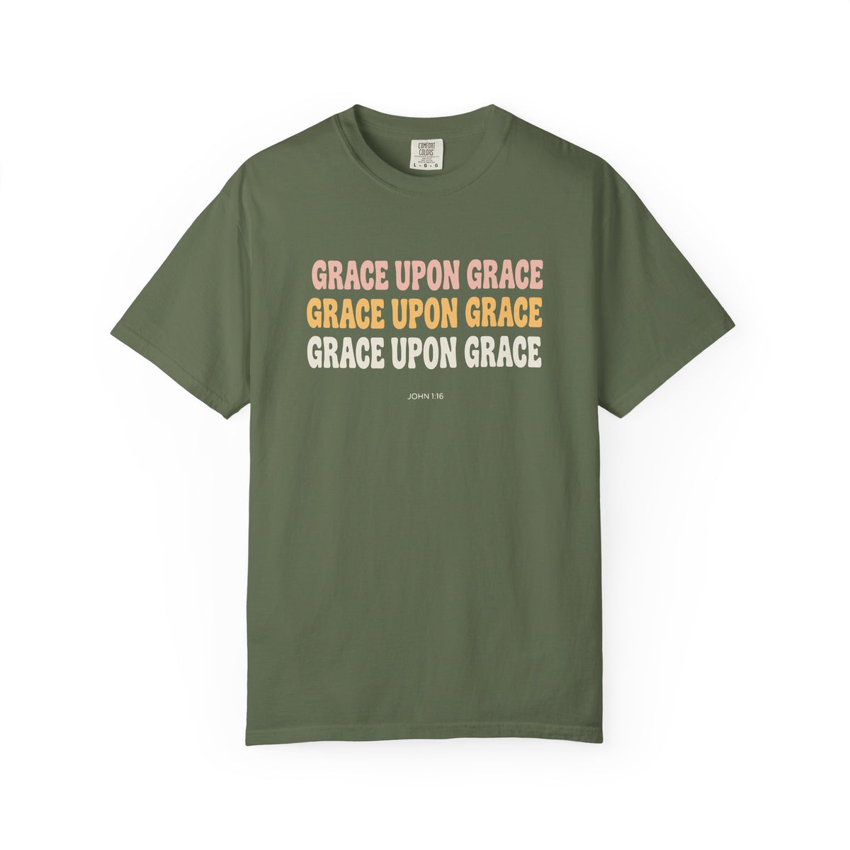 Grace Upon Grace John 1:16 tee in sage, front mockup