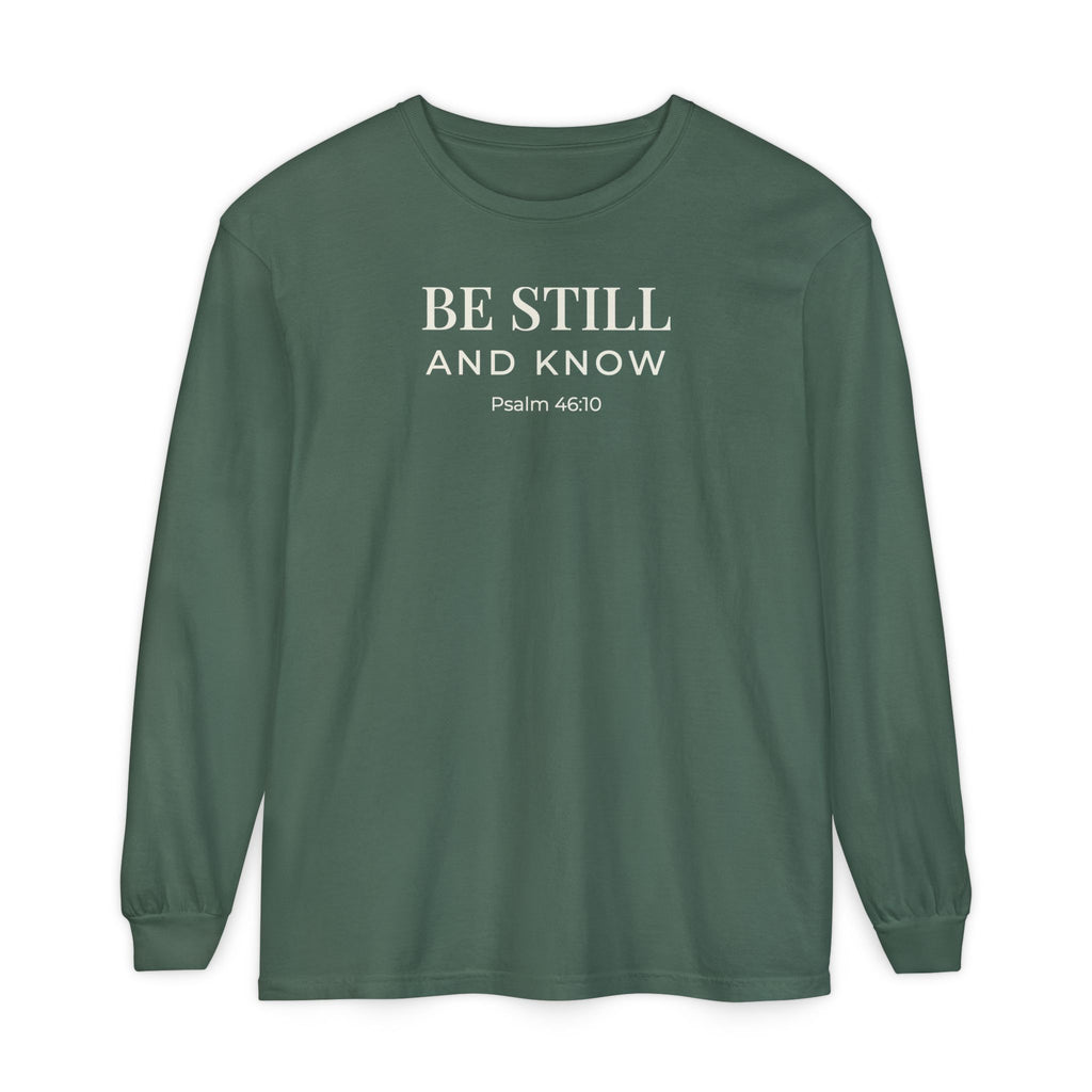 Be Still and Know Psalm 46:10 long sleeve tee in blue spruce, front mockup
