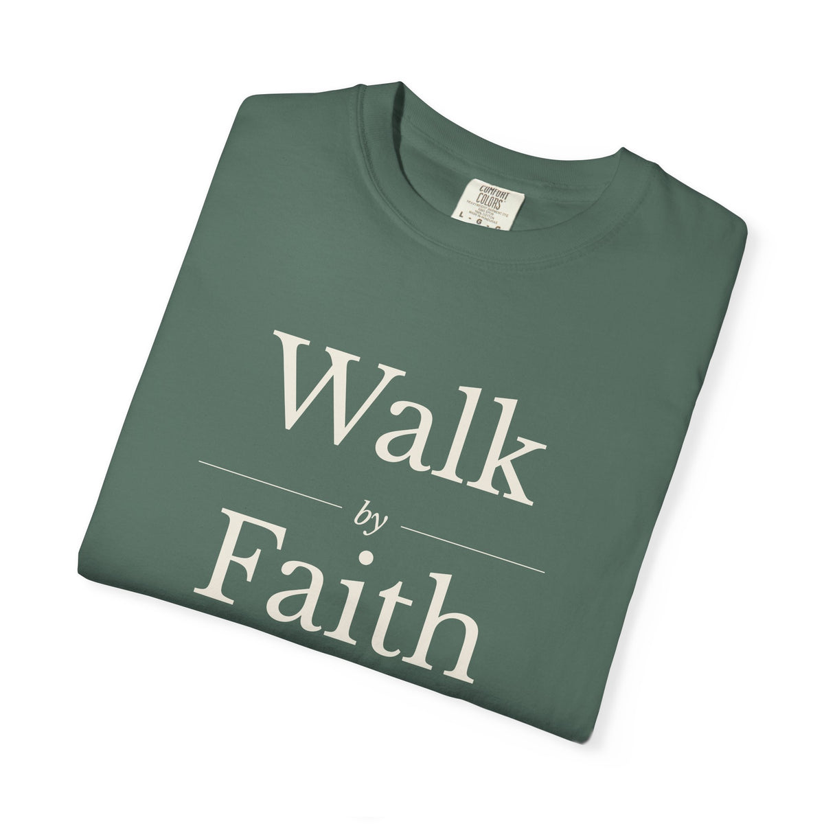 Walk by Faith 2 Corinthians 5:7 tee in blue spruce, folded mockup