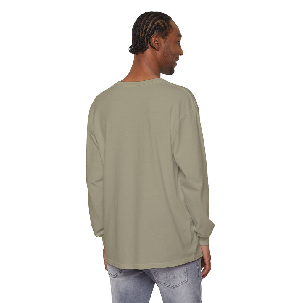 Kept the Faith 2 Timothy 4:7 long sleeve tee in Sandstone, back, model