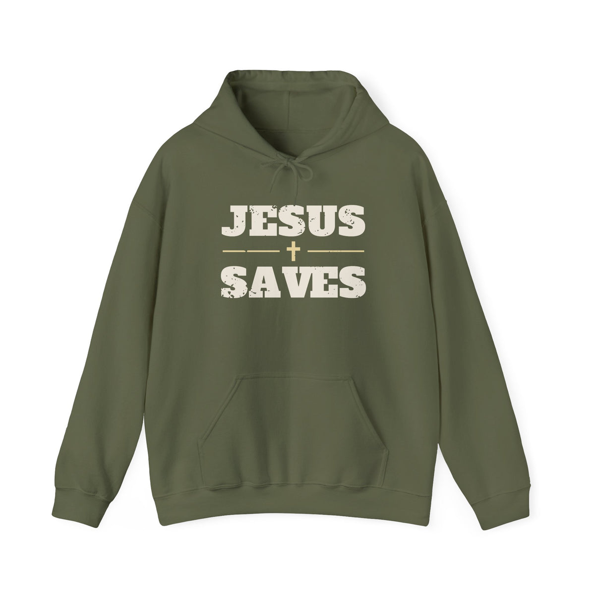 Jesus Saves Christian hoodie in military green, front mockup