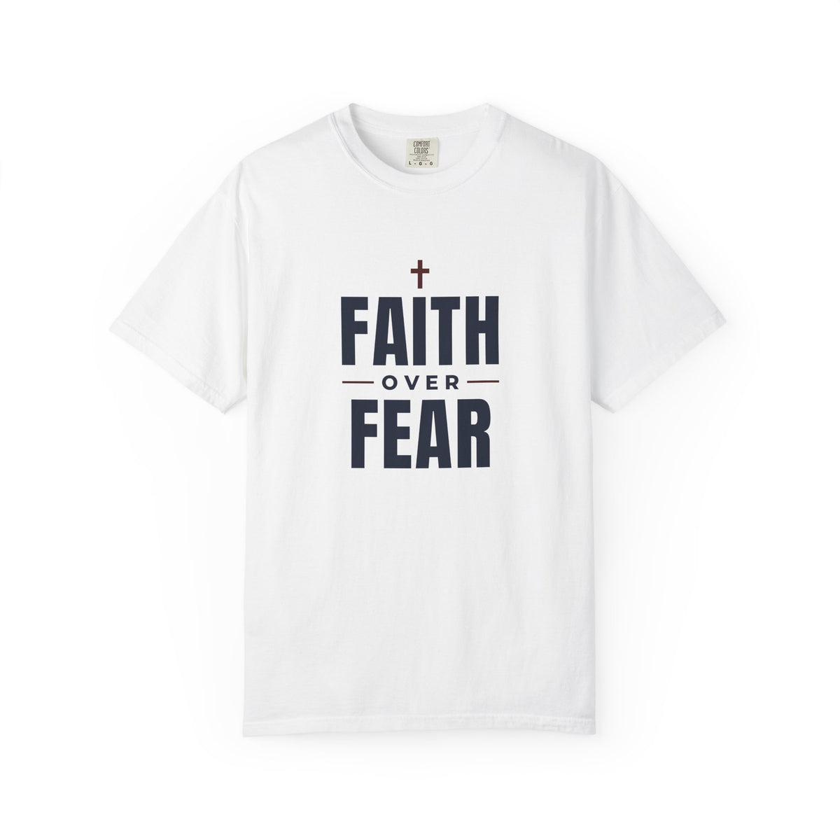 Faith Over Fear Christian tee in white, front mockup