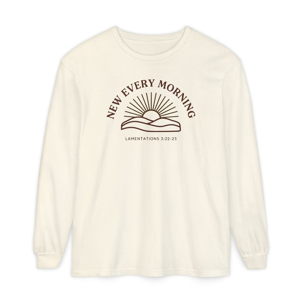 New Every Morning Lamentations 3:22-23 long sleeve tee in ivory, front mockup