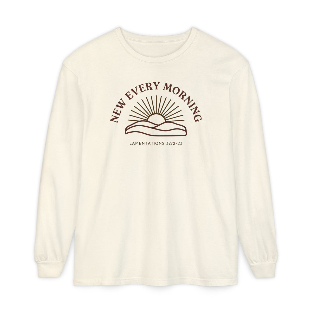 New Every Morning Lamentations 3:22-23 long sleeve tee in ivory, front mockup