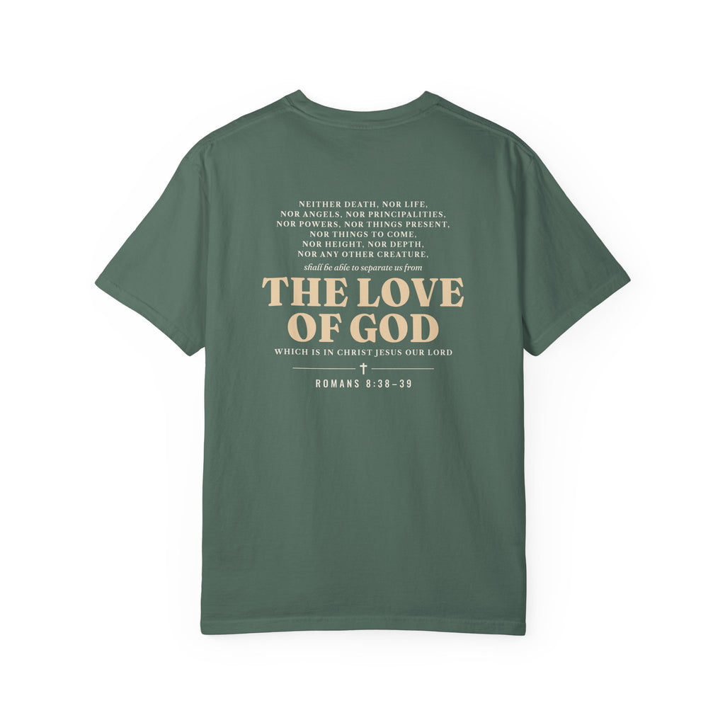 Nothing Can Separate Us Romans 8:38-39 tee in Blue Spruce, back print mockup