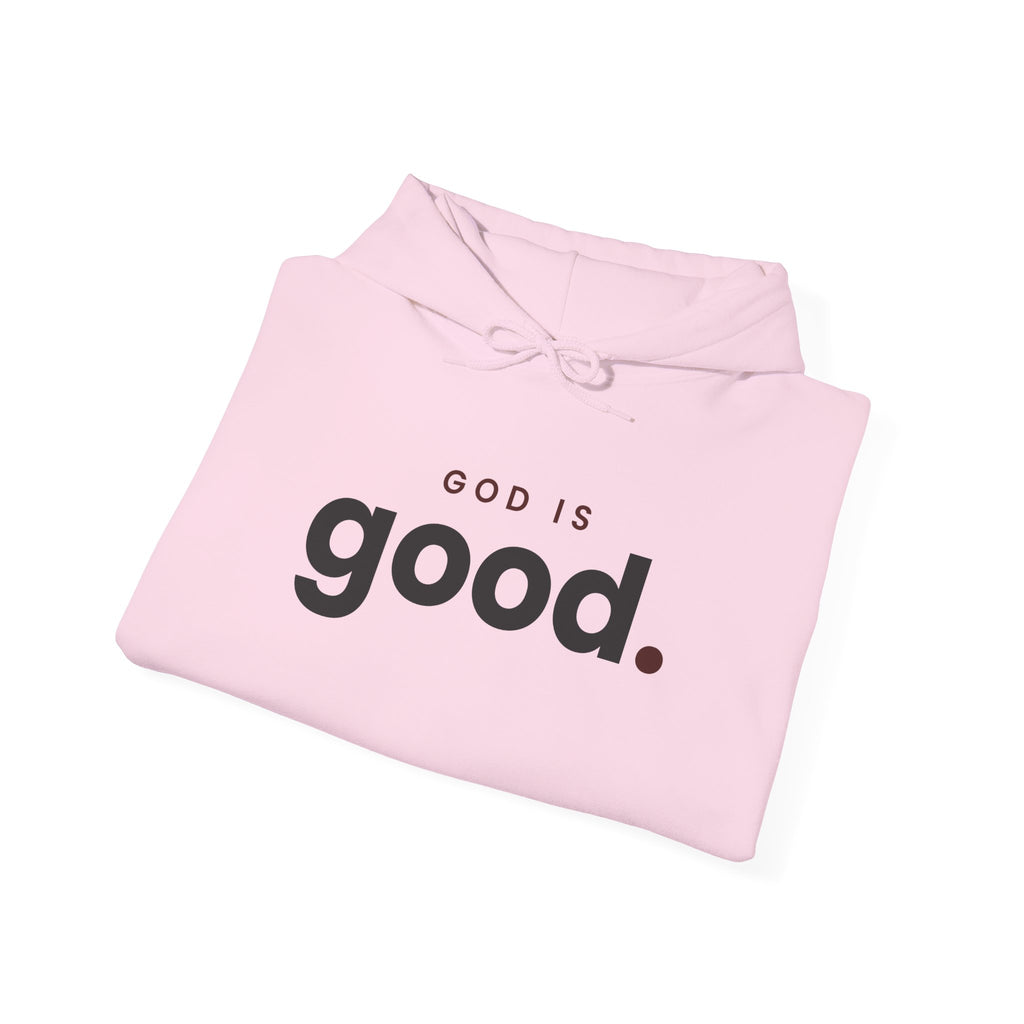 God Is Good Christian hoodie in light pink, folded mockup