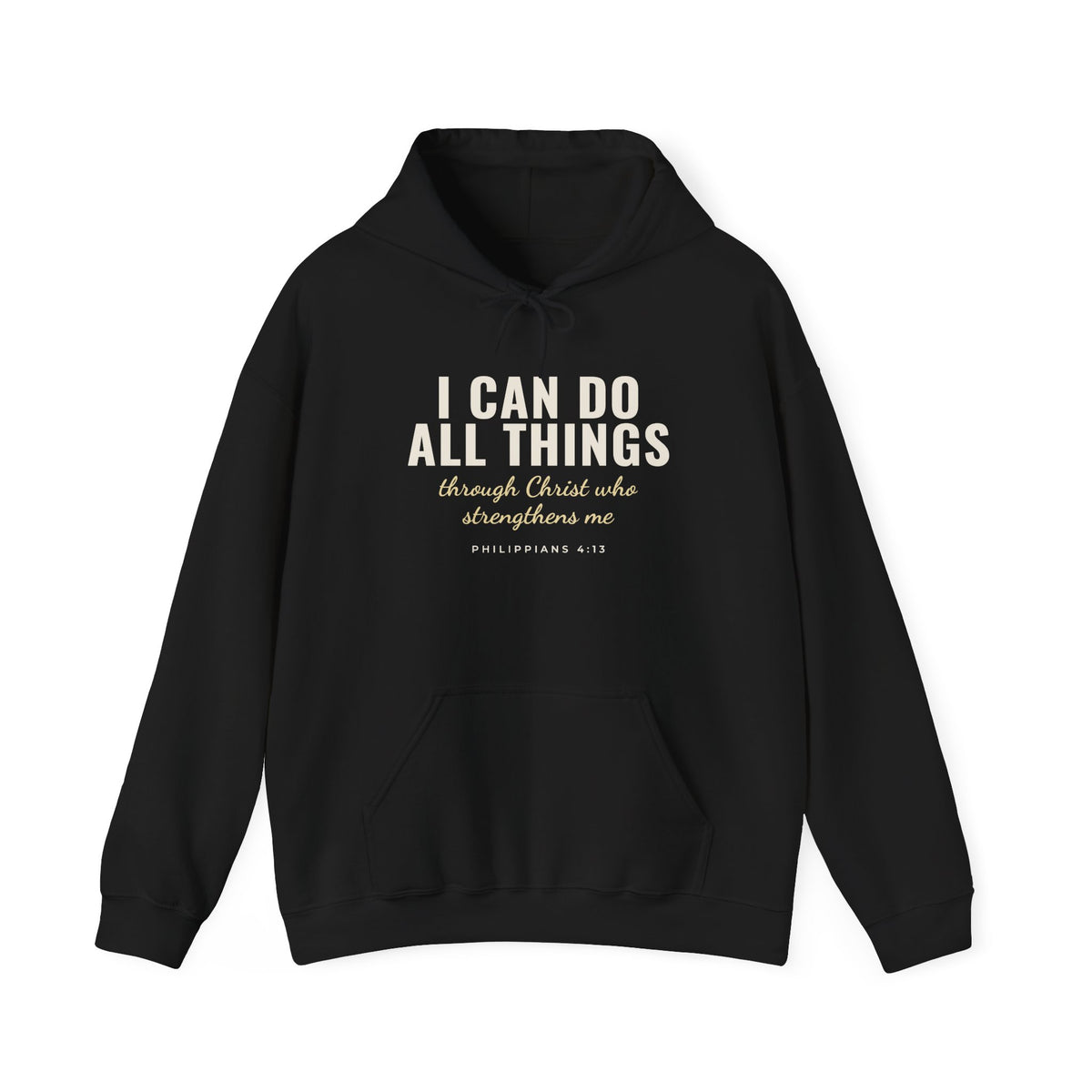 I Can Do All Things Philippians 4:13 Christian hoodie in black, front mockup