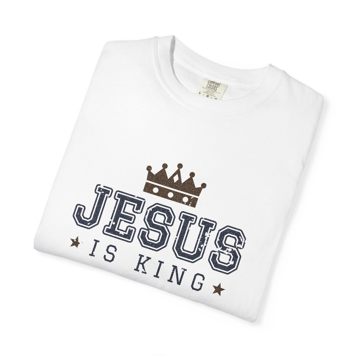 Jesus Is King Christian tee in white, folded mockup