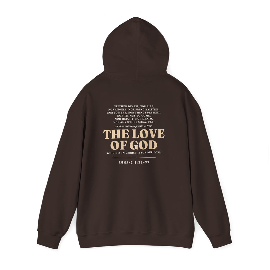 Nothing Can Separate Us Romans 8:38-39 hoodie in Dark Chocolate, back print with hood up mockup