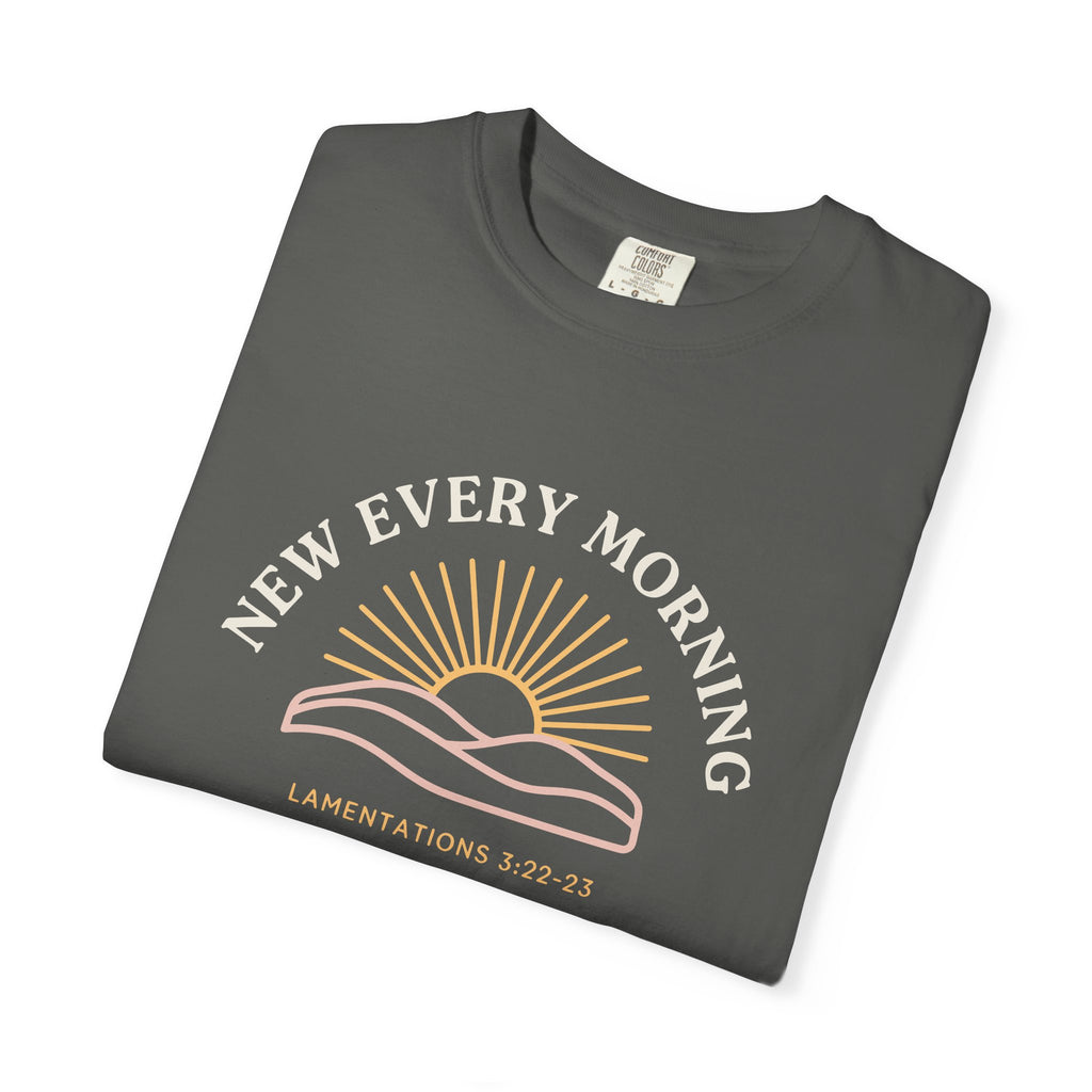 New Every Morning Lamentations 3:22-23 tee in pepper, folded mockup