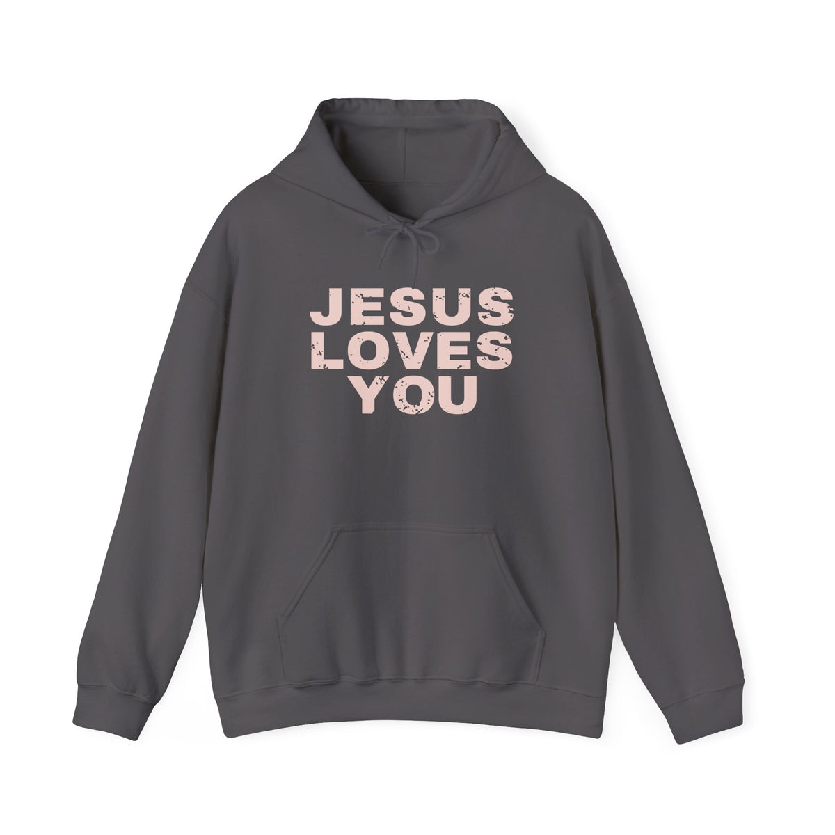 Jesus Loves You Christian hoodie in charcoal, front mockup