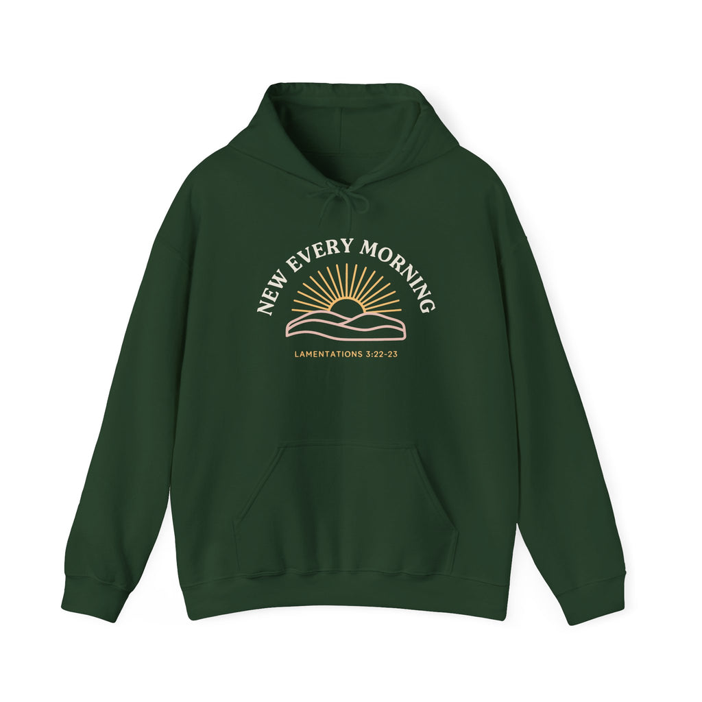 New Every Morning Lamentations 3:22-23 hoodie in forest green, front mockup