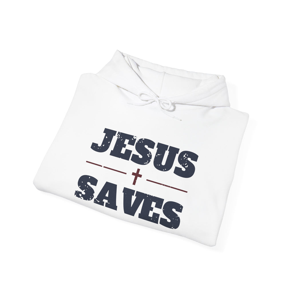 Jesus Saves Christian hoodie in white, folded mockup