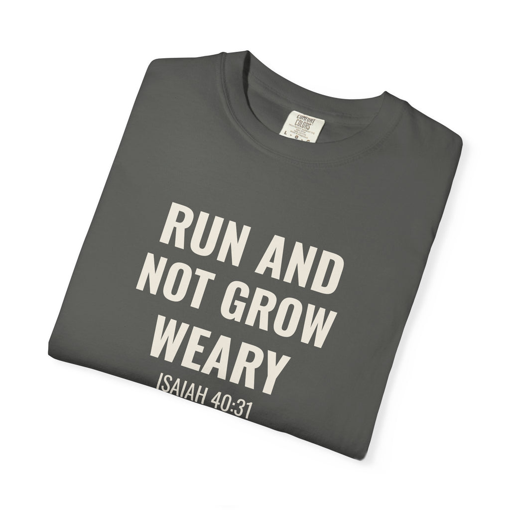 Run and Not Grow Weary Isaiah 40:31 tee in pepper, folded mockup