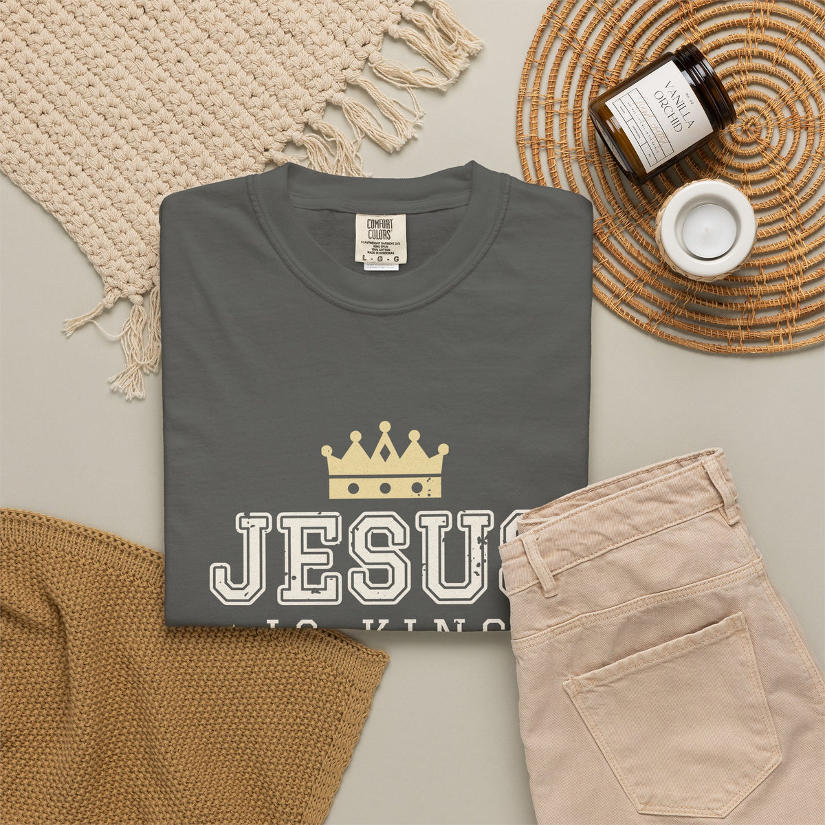 Jesus Is King Christian tee in pepper, folded flat lay