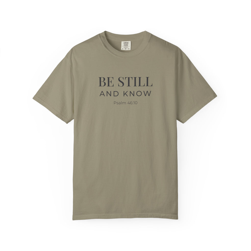 Be Still and Know Psalm 46:10 tee in sandstone, front mockup