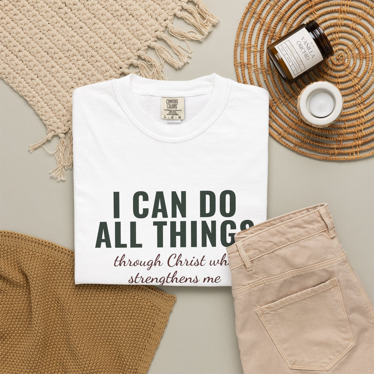 I Can Do All Things Philippians 4:13 Christian tee in white, folded flat lay