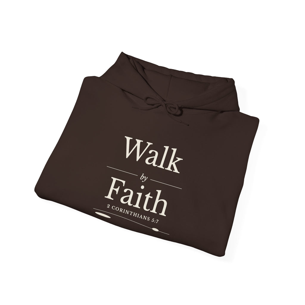 Walk by Faith 2 Corinthians 5:7 hoodie in dark chocolate, folded mockup