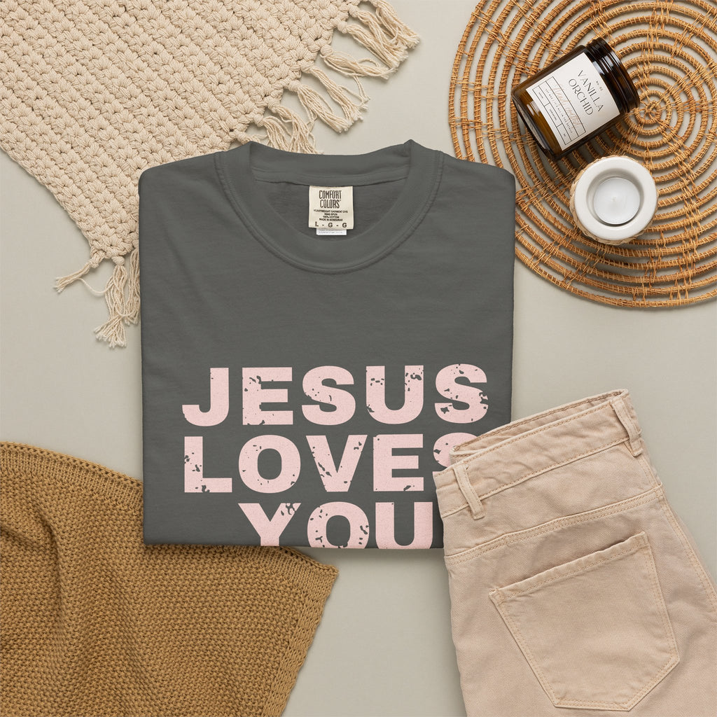 Jesus Loves You Christian tee in pepper, folded flat lay