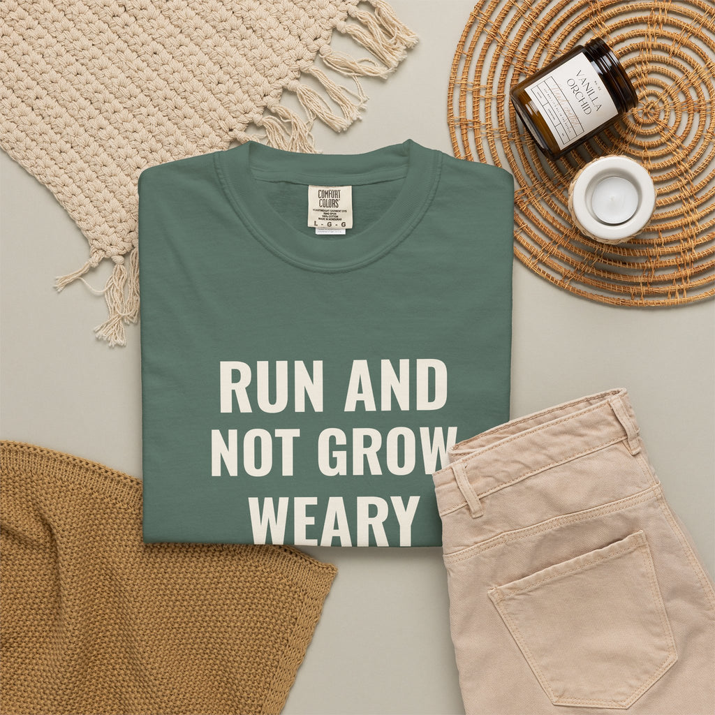 Run and Not Grow Weary Isaiah 40:31 tee in blue spruce, folded flat lay mockup