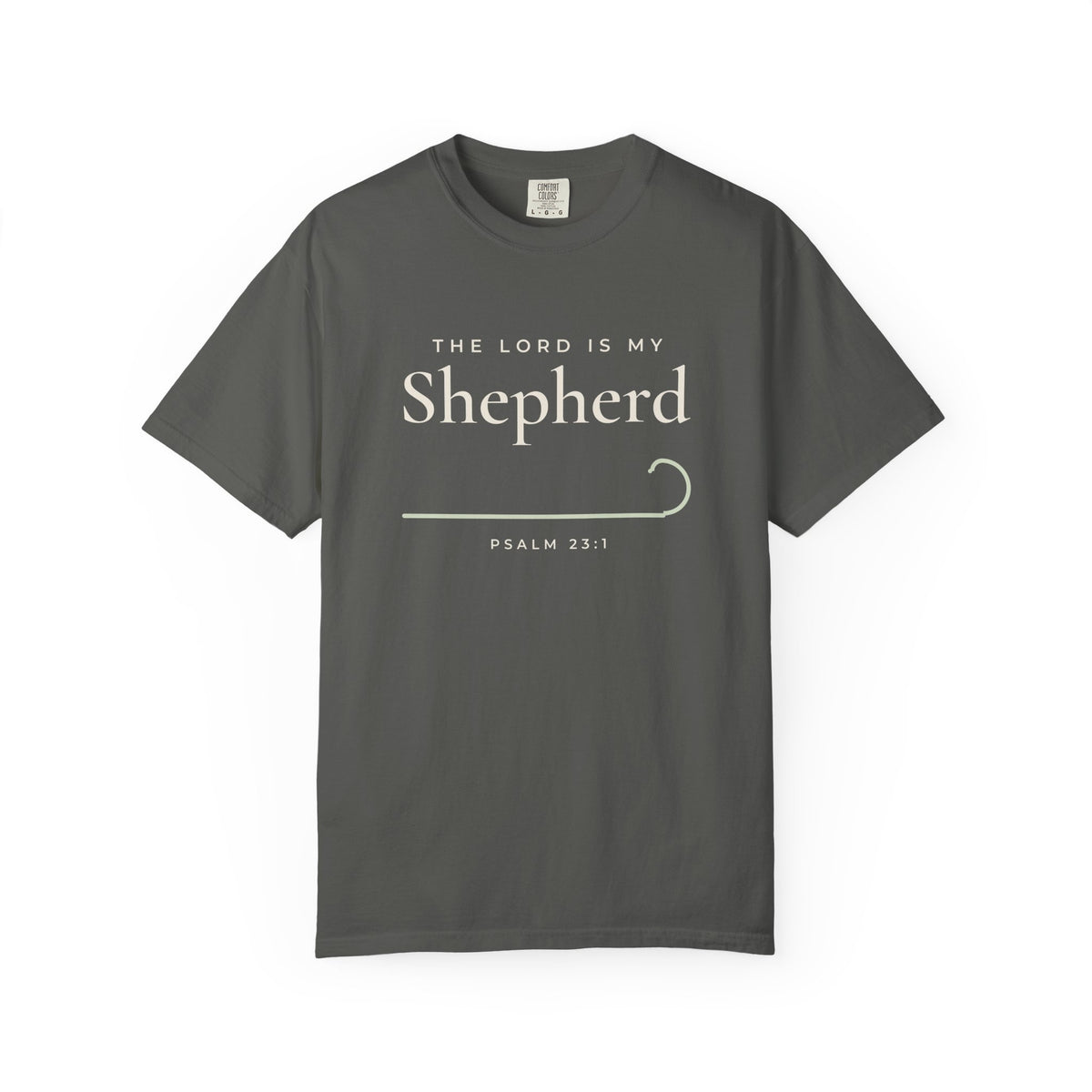 The Lord Is My Shepherd Psalm 23:1 Christian tee in pepper, front mockup
